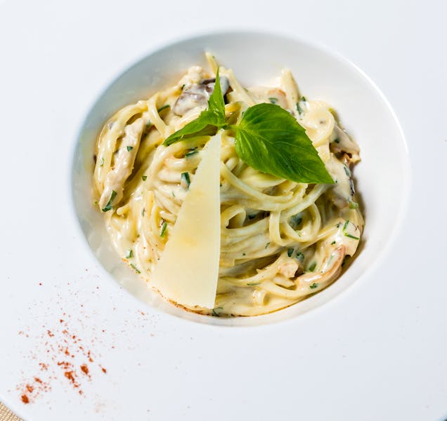 Creamy carbonara pasta with pancetta and egg